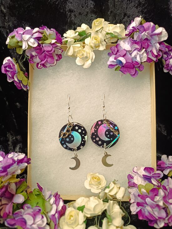 Unique small black Moon Earrings